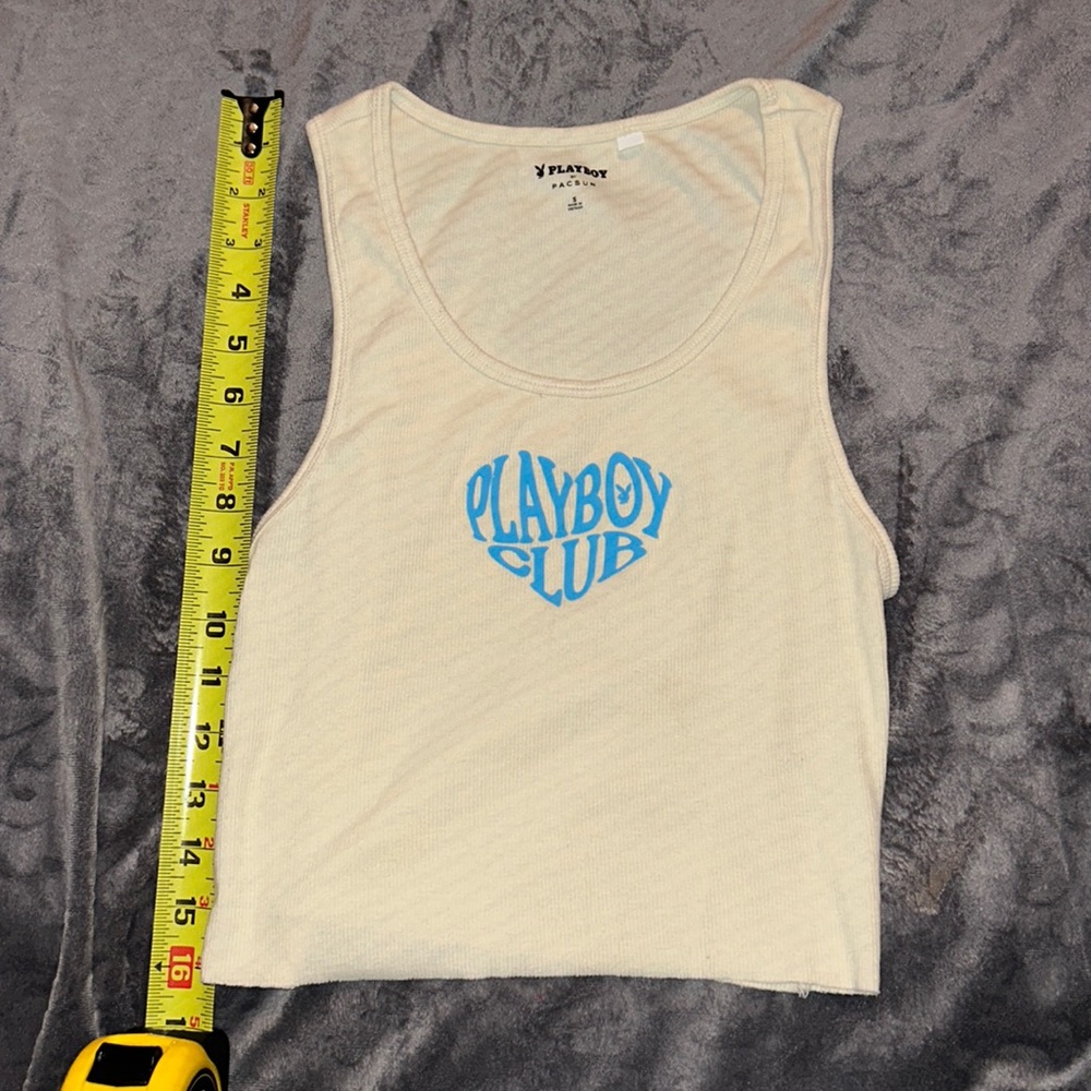 Women’s PACSUN PLAYBOY Crop Top Size S off white with baby blue logo NWOT